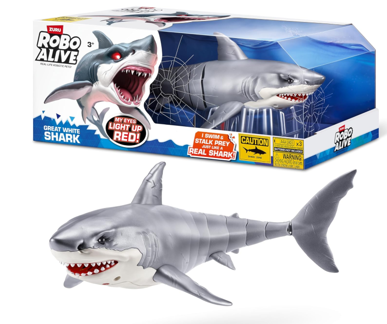 ROBO ALIVE Great White Shark di ZURU, squalo giocattolo robotizzato con illuminazione alimentato a batteria, giocattolo da piscina estivo, giocattolo da bagno