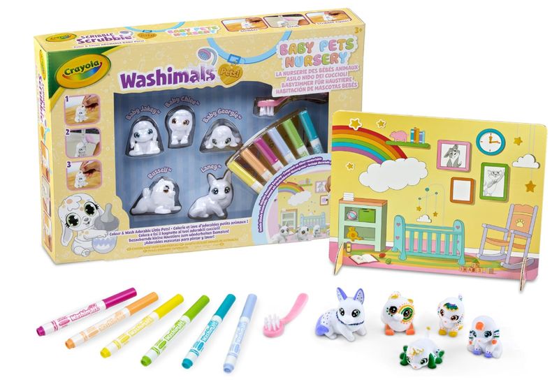 CRAYOLA Washimals Pets - Baby Pets Nursery, Set con 5 Cuccioli, 6 Pennarelli Lavabili, Spazzolina, Ambientazione Asilo Nido dei Cuccioli, Gioco e Regalo per Bambini, da 3 Anni CRAYOLA Washimals Pets - Baby Pets Nursery, Set con 5 Cuccioli, 6 Pennarelli Lavabili, Spazzolina, Ambientazione Asilo Nido dei Cuccioli, Gioco e Regalo per Bambini, da 3 Anni