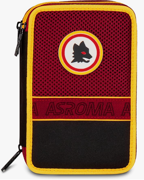 Seven AS Roma Astuccio Scuola 3 Zip Calcio, Rosso, Portapenne Triplo Scomparto Completo Di Penne, Matite, Colori, Scuola Elementare, Bambino