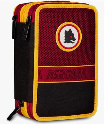 Seven AS Roma Astuccio Scuola 3 Zip Calcio, Rosso, Portapenne Triplo Scomparto Completo Di Penne, Matite, Colori, Scuola Elementare, Bambino