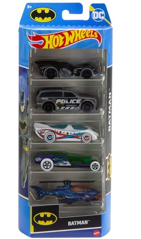 Hot Wheels – Confezione da 5 macchinine a tema Batman, veicoli Hot Wheels da collezionare in scala 1:64 per tutti i fan del supereroe DC, giocattolo per bambini, 3+ anni, HXD61