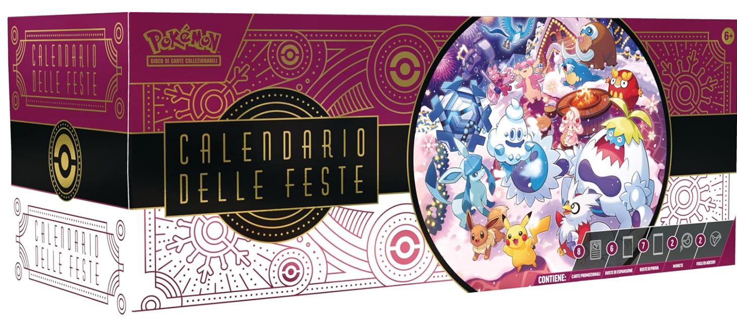 Pokémon: calendario delle feste del GCC Pokémon 2025 (otto carte olografiche, sei buste di espansione, sette buste di prova e tanto altro)