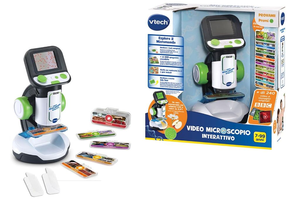 VTech Video Microscopio Interattivo, Microscopio Bambini Digitale con Video Originali BBC, Schermo 2,4 VTech Video Microscopio Interattivo, Microscopio Bambini Digitale con Video Originali BBC, Schermo 2,4", Zoom 200x, 9 Vetrini Illustrati, Slot MicroSD, Lingua Italiana, Batterie Incluse, 7-99 Anni