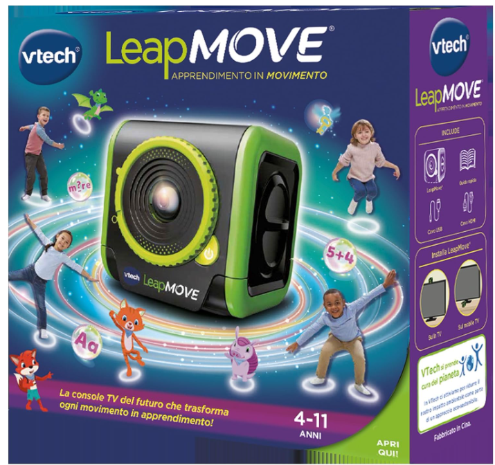 VTech LeapMove, Console TV Interattiva per Bambini, Rileva i Movimenti Senza Controller, Pronta all'Uso, 25 Giochi Educativi, 3 Profili Giocatore, Lingua Italiana, Cavi Inclusi, 4-11 Anni