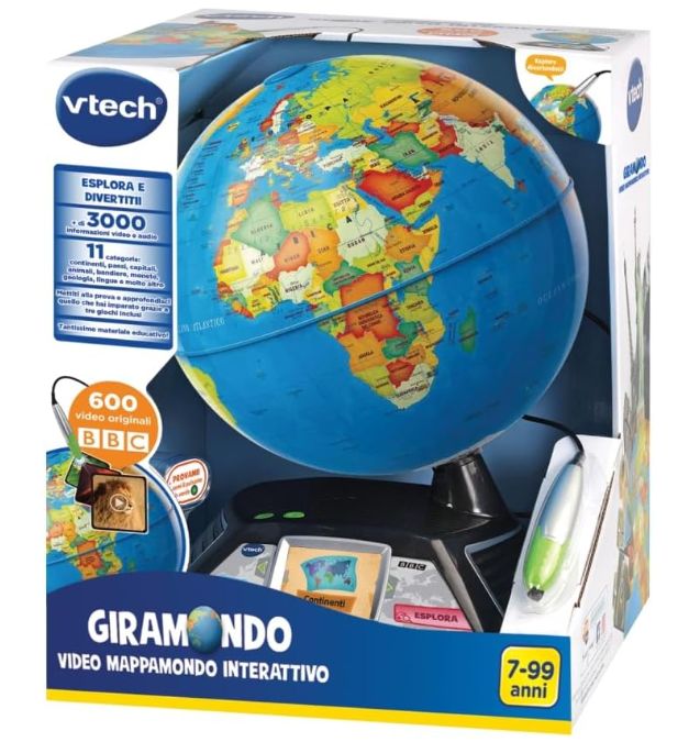 VTech Giramondo - Video Mappamondo Interattivo, Mappamondo Bambini con Penna Touch e Schermo 2.7 VTech Giramondo - Video Mappamondo Interattivo, Mappamondo Bambini con Penna Touch e Schermo 2.7", Inclusi 600 Video BBC, Giochi Educativi e Quiz, Lingua Italiana, Batterie Incluse, 7-99 Anni