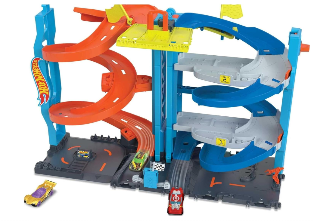 Hot Wheels - Hot Wheels City playset con pista e 1 macchinina Hot Wheels, torre 2 in 1 da modalità corsa singola a doppia, ascensore azionabile incluso, HKX43