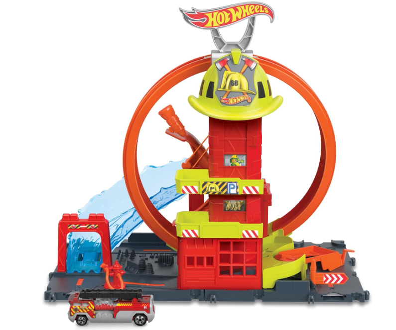 Hot Wheels - City Caserma dei Pompieri con Super Loop, con 1 macchinina, ascensore azionato manualmente, rampa simil-acquatica, Giocattolo per Bambini 4+ Anni, HKX41