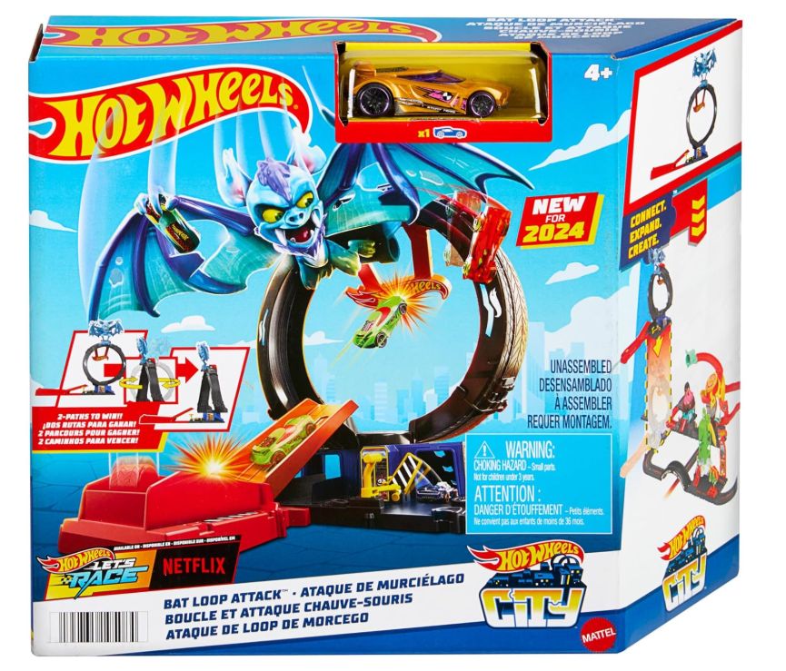 Hot Wheels City 'Let's Race' Netflix - Loop Attacco del Pipistrello, pista con loop e lanciatore regolabile per sconfiggere il pipistrello, una macchinina Hot Wheels inclusa, 4+ anni, HTN78 Hot Wheels City 'Let's Race' Netflix - Loop Attacco del Pipistrello, pista con loop e lanciatore regolabile per sconfiggere il pipistrello, una macchinina Hot Wheels inclusa, 4+ anni, HTN78