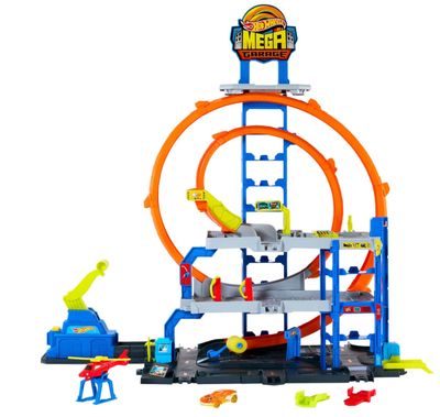 Hot Wheels - Mega Garage, Set Pista con 3 Livelli di Gioco e 2 Loop, macchinina ed Elicottero Inclusi, adattatori Speed Snap e Spazio per riporre 37 Veicoli, Giocattolo per Bambini, 4+ Anni, JLC05 Hot Wheels - Mega Garage, Set Pista con 3 Livelli di Gioco e 2 Loop, macchinina ed Elicottero Inclusi, adattatori Speed Snap e Spazio per riporre 37 Veicoli, Giocattolo per Bambini, 4+ Anni, JLC05