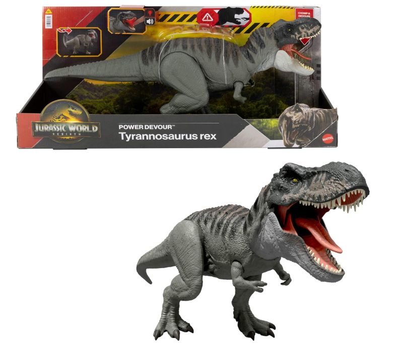 Mattel jurassic world la rinascita – divoratore giurassico, dinosauro con morso continuo e lingua attiva, luci e suoni inclusi