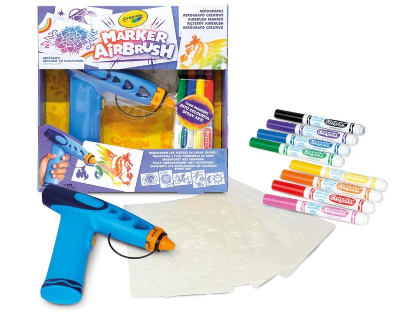 CRAYOLA Marker Airbrush - Aerografo Creativo per Bambini con 8 Pennarelli Lavabili e 5 Stencil, Giocattolo Educativo per Attività Artistiche