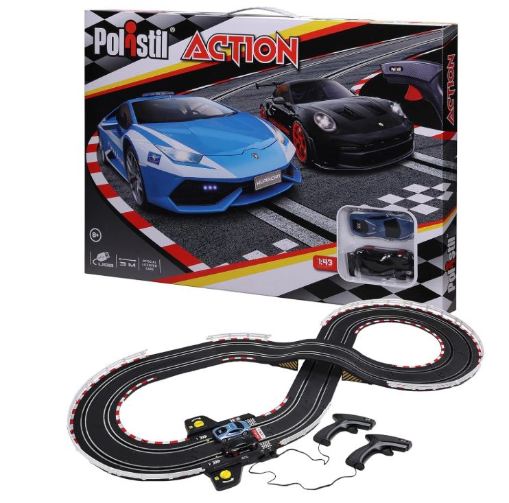 Polistil ACTION - Pista Elettrica con 2 Slot Car Lamborghini Huracan Polizia e Porsche 911 GT3, Scala 1:43, Tracciato Lungo 3,08m, Licenze Ufficiali, Età Consigliata 8+ Anni Polistil ACTION - Pista Elettrica con 2 Slot Car Lamborghini Huracan Polizia e Porsche 911 GT3, Scala 1:43, Tracciato Lungo 3,08m, Licenze Ufficiali, Età Consigliata 8+ Anni
