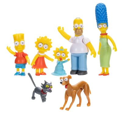 The Simpsons – multipack di action figure da 6 cm. Contiene tutta la famiglia Simpson: Homer, Marge, Bart, Lisa, Maggie, Piccolo aiutante di Babbo Natale e Palla di neve.