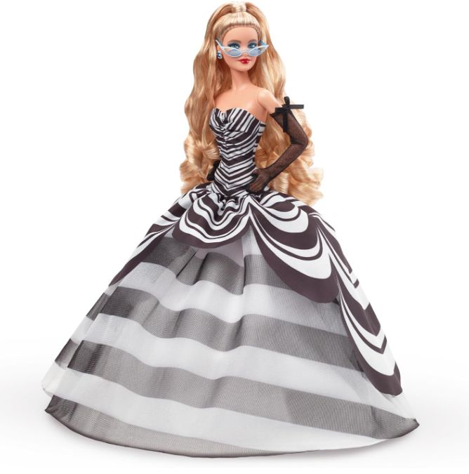 Barbie Signature 65° Anniversario - Bambola Glamour da Collezione con Capelli Biondi, Abito Bianco e Nero, Orecchini e Occhiali da Sole con Zaffiro