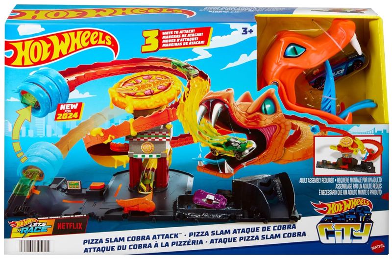 Hot Wheels 'Let's Race' Netflix - Attacco del Cobra in Pizzeria, playset con pista a spirale e funzione a scomparsa casuale con 3 percorsi