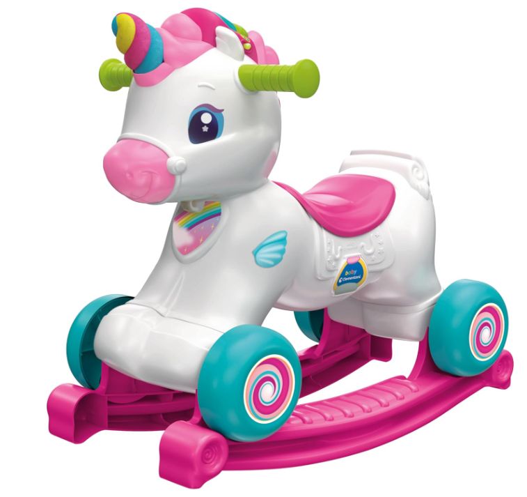 Clementoni Nuvola Dolce Unicorno 3 in 1(Cavalcabile, Centro attività, Dondolo)  Parlante in Italiano E Inglese