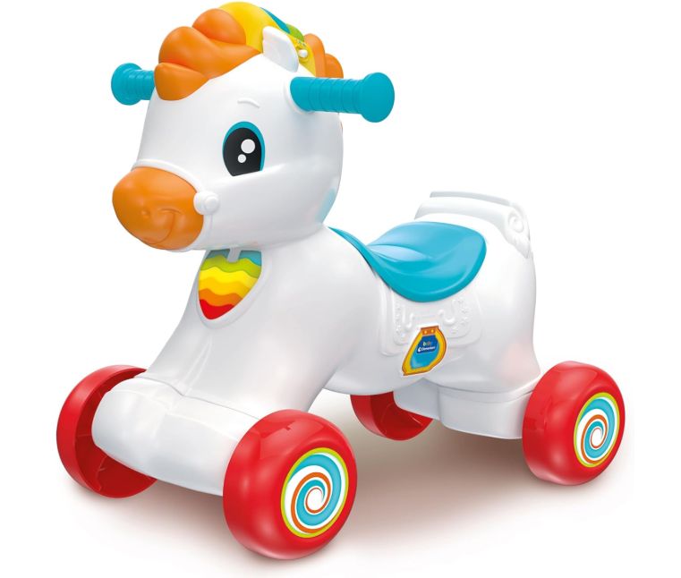 Clementoni- Martino Il Cavallino-Ride On Educativo, Parlante in Italiano E Inglese, 3 in 1 (Cavalcabile, Centro attività, Dondolo), Primi Passi