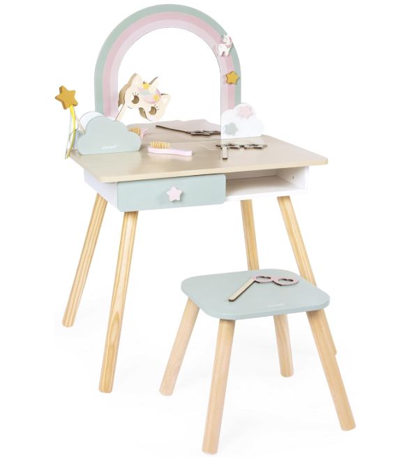 Janod Toletta in Legno per bambina con Accessori inclusi Tavolino con Specchio e sgabello
