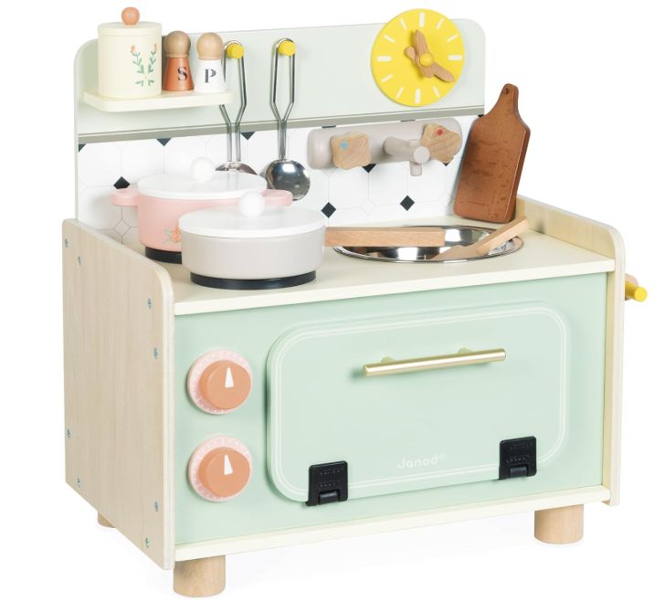 Janod - Cucinino per Bambini in Legno - Cucina per Bambini con Quattro Utensili e 10 Accessori Inclusi