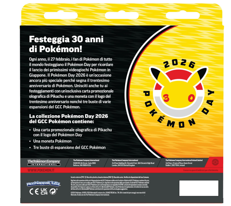 Collezione Pokémon Day 2026 del GCC Pokémon 30th Anniversario (una carta promozionale olografica, una moneta e tre buste di espansione)