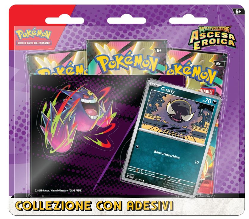Pokémon: collezione con adesivi (Gastly) dell’espansione Scarlatto e Violetto - Ascesa Eroica del GCC Pokémon (una carta promozionale olografica e tre buste di espansione)