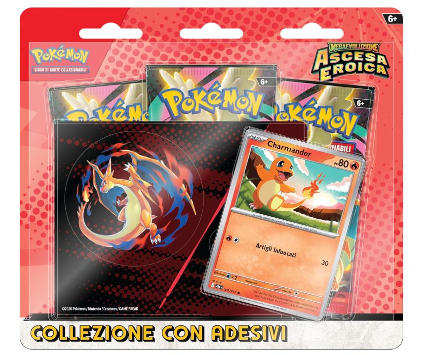 Pokémon: collezione con adesivi (Charmander) dell’espansione Scarlatto e Violetto - Ascesa Eroica del GCC Pokémon (una carta promozionale olografica e tre buste di espansione)