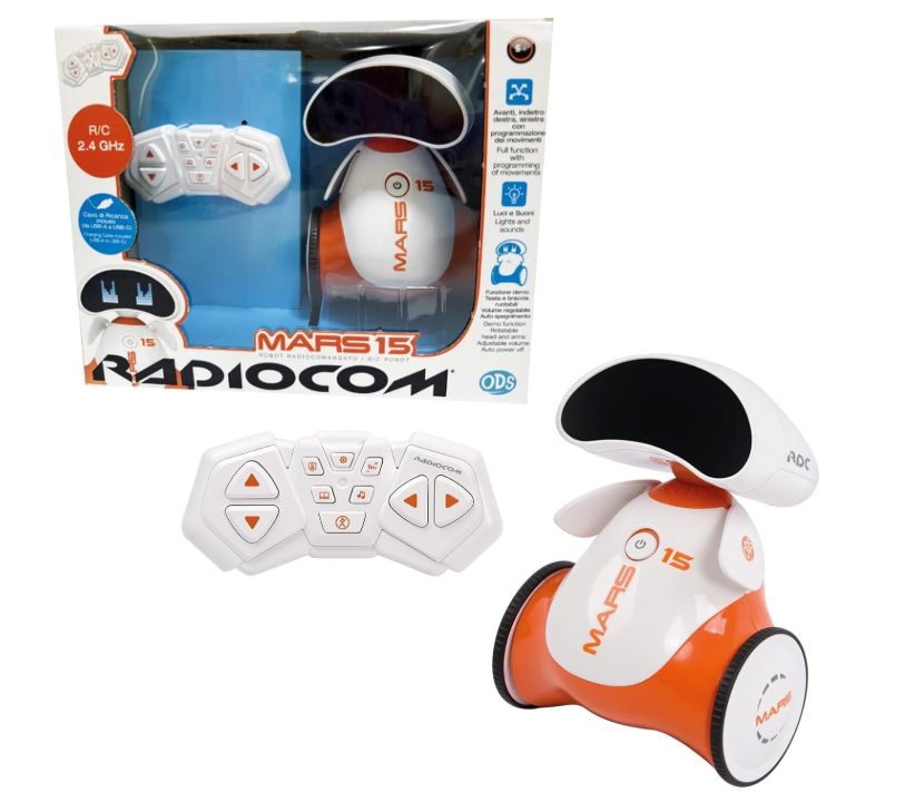 Mars 15 Robot RC 2.4 Ghz, Funzioni: avanti/indietro, gira a destra/sinistra, luci e suoni programmabile, funzione demo testa e braccia ruotabili volume regolabile auto spegnimento