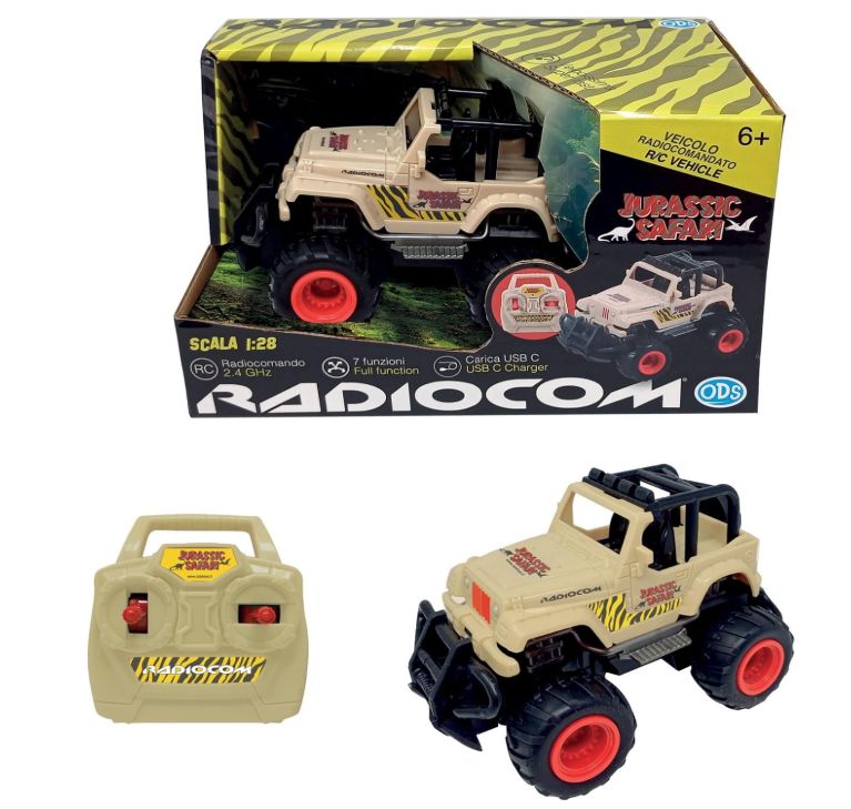 Jurassic Safari Auto RC sc. 1:28 RC 2.4 Ghz, fuoristrada, 7 funzioni ruote morbide carica USB