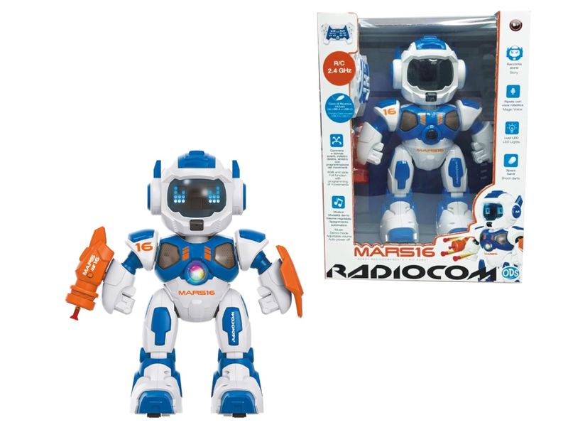 Mars 16 - Robot RC 2.4GHz  - Cammina, gira, trasla - Spara dardi - Racconta storie - Braccio oscillante - Voce e musica - Luci - Programmabile - Modalità demo - Volume regolabile