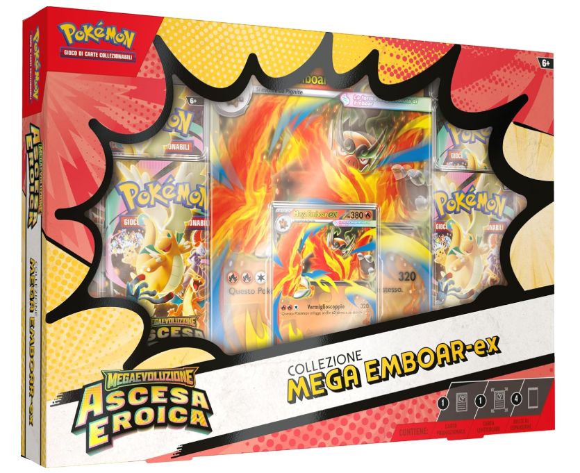 Pokémon: collezione Mega Emboar-ex dell’espansione Megaevoluzione - Ascesa Eroica del GCC Pokémon (una carta promozionale olografica, una carta lenticolare gigante e quattro buste di espansione)