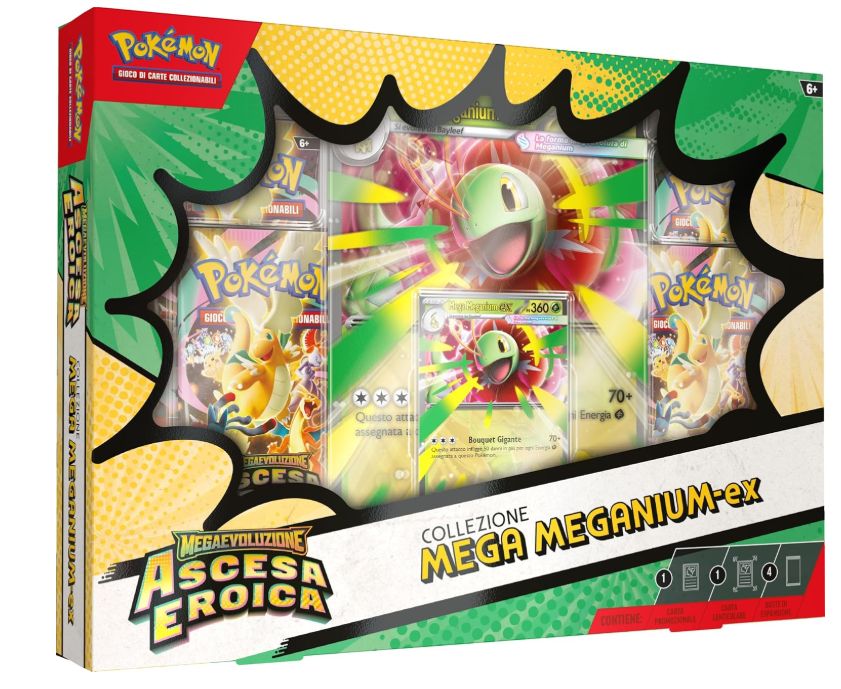 Pokémon: collezione Mega Meganium-ex dell’espansione Megaevoluzione - Ascesa Eroica del GCC Pokémon (una carta promozionale olografica, una carta lenticolare gigante e quattro buste di espansione)