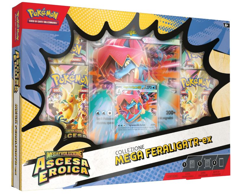 Pokémon: collezione Mega Feraligatr-ex dell’espansione Megaevoluzione - Ascesa Eroica del GCC Pokémon (una carta promozionale olografica, una carta lenticolare gigante e quattro buste di espansione)