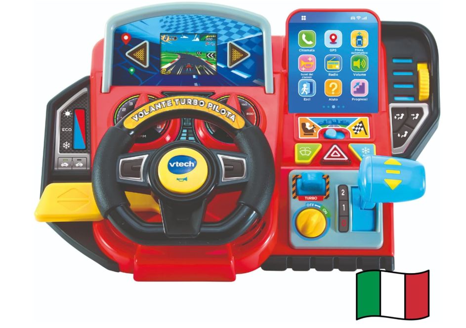 VTech Volante Turbo Pilota, Volante Bambini con Cruscotto Interattivo, Oltre 20 Giochi Educativi e 9 Circuiti, Schermo LCD, Clacson e Indicatore Direzione, Lingua Italiana, Batterie Incluse, 3-8 Anni