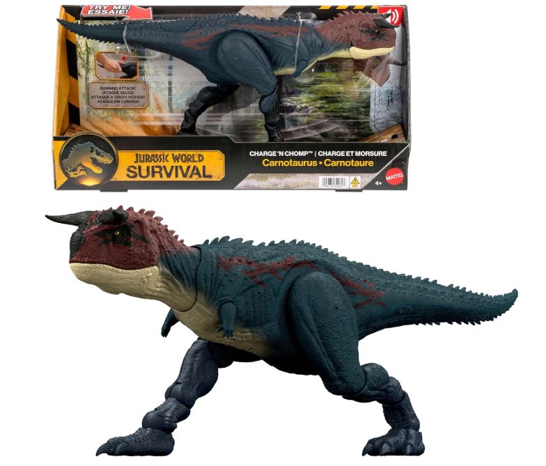 Mattel Jurassic World - Carnotauro Charge 'N Chomp, dinosauro con ruggiti che corre e morde, azione speciale carica e divora attivabile con pulsante Mattel Jurassic World - Carnotauro Charge 'N Chomp, dinosauro con ruggiti che corre e morde, azione speciale carica e divora attivabile con pulsante