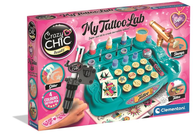 Clementoni Crazy Chic - My Tattoo Lab, Gioco Creativo per Bambine di 6+ Anni, Kit per Creare Tatuaggi Temporanei Personalizzati