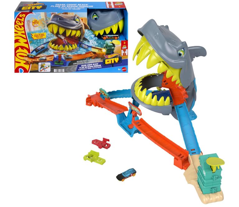 Hot Wheels Pista City Squalo scontri in spiaggia playset e macchinina scala 1:64