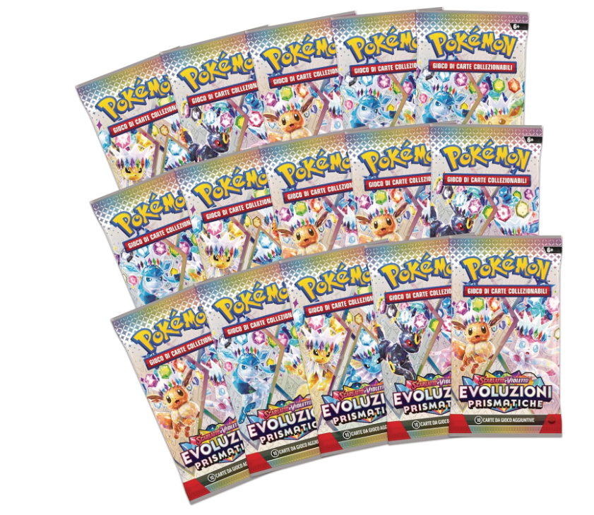 Pokémon GCC: collezione super premium Scarlatto e Violetto - Evoluzioni Prismatiche - una carta promozionale olografica a figura intera, un morbido portamazzo ispirato a Eevee e 15 buste di espansione
