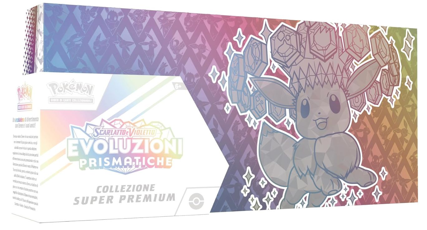 Pokémon GCC: collezione super premium Scarlatto e Violetto - Evoluzioni Prismatiche - una carta promozionale olografica a figura intera, un morbido portamazzo ispirato a Eevee e 15 buste di espansione