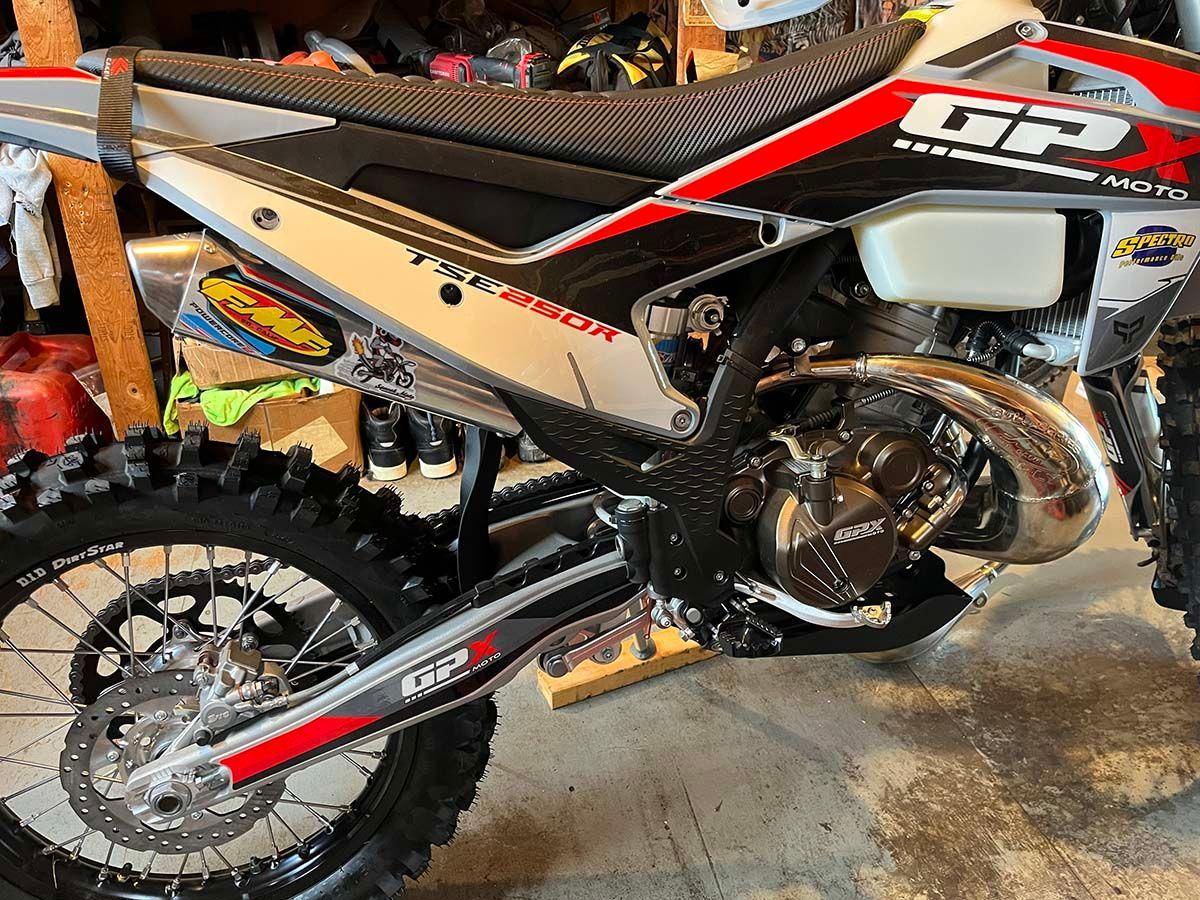 FMF Exhaust Kit for 2026-27 TSE250R. Contains Gnarly head pipe, Powercore silencer, and all adapter brackets and hardware to install.