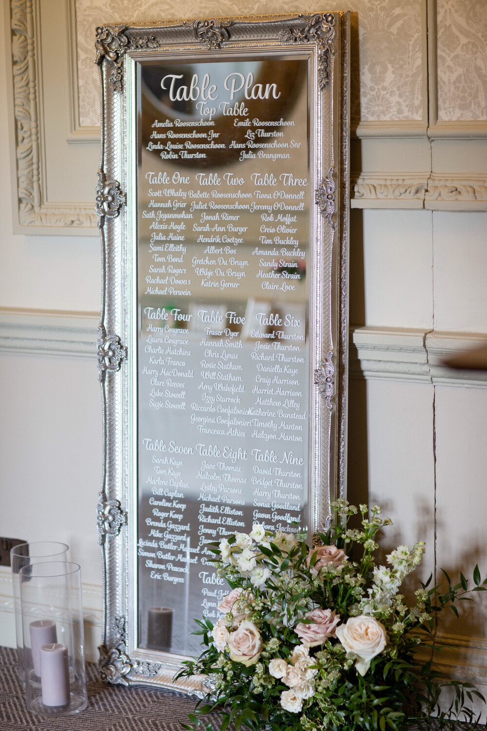 Table Plan - Silver Antique Style Leaner Mirror, With Personalised Table Plan 