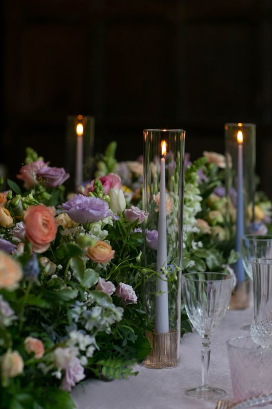 Glass chimney cover and low candlestick set