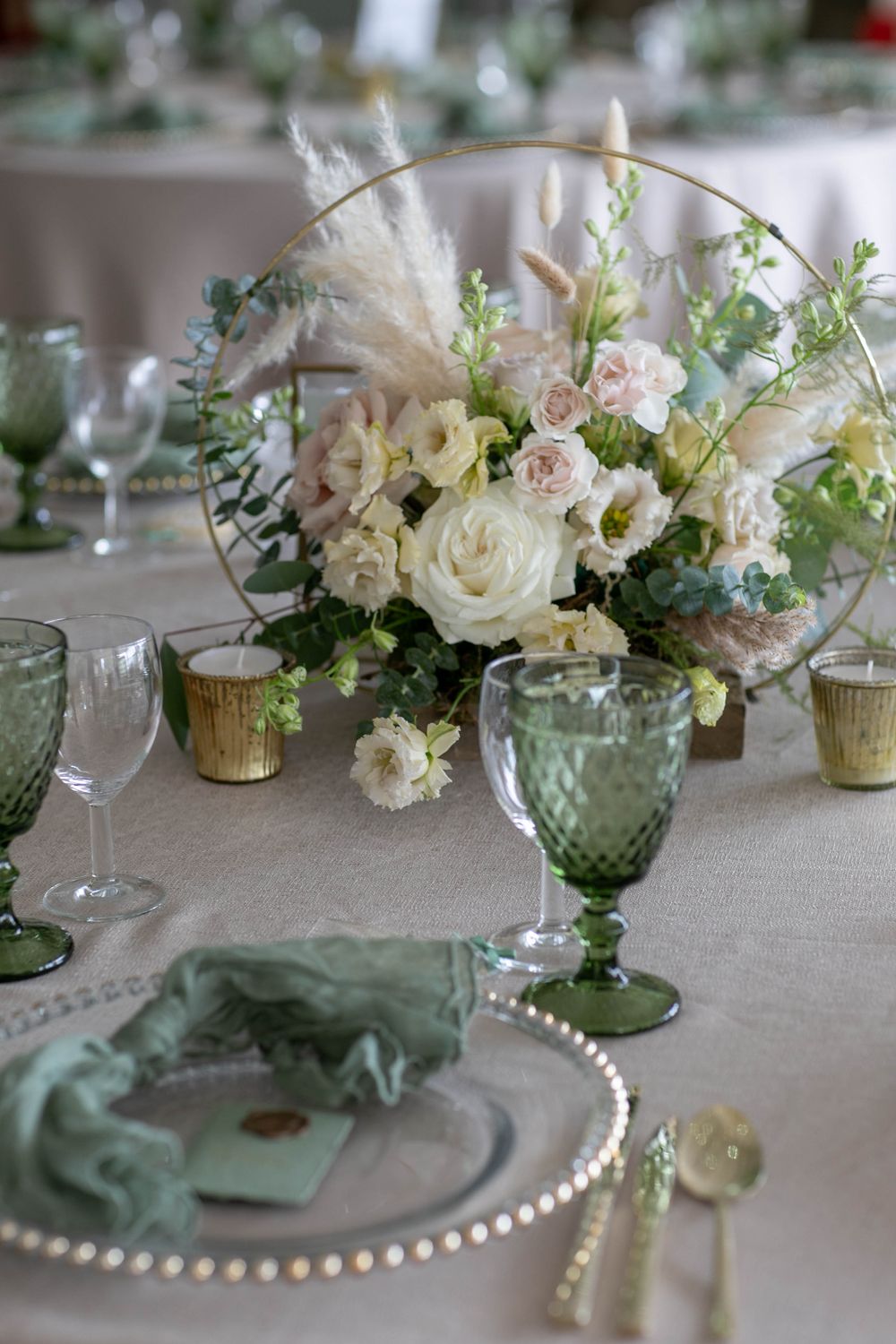 Gold hoop and wooden block base centre piece