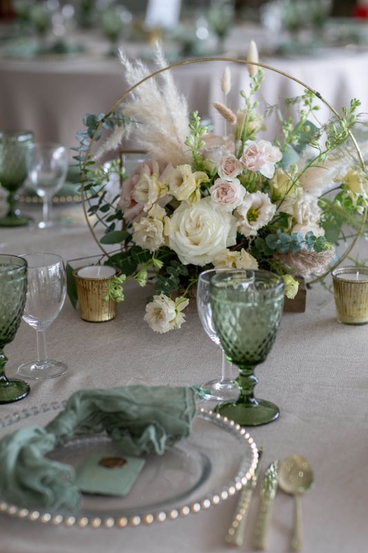 Gold hoop and wooden block base centre piece