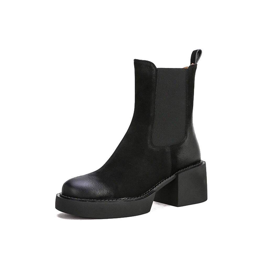 Woman‘s Chelsea Boots Square Heel Genuine Leather Black Slip On Modern Boots Martin Boots High Heel Platform ANKLE Boots