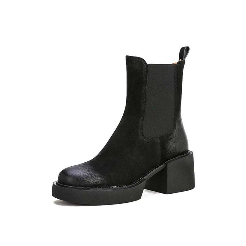 Woman‘s Chelsea Boots Square Heel Genuine Leather Black Slip On Modern Boots Martin Boots High Heel Platform ANKLE Boots