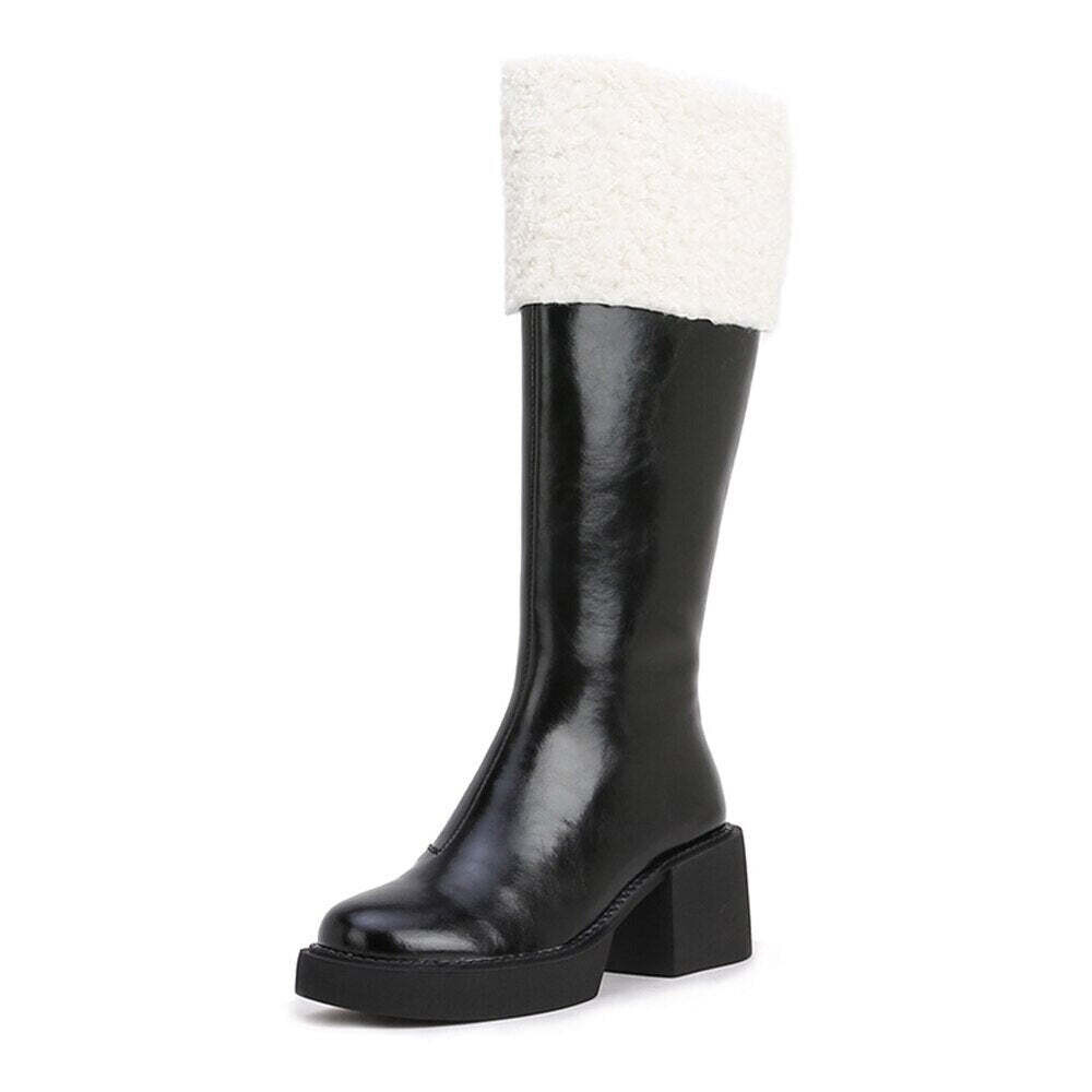 Woman‘s Knee High Boots Genuine Leather Concise zipper Square heel Round Toe Snow Boots Modern Boots