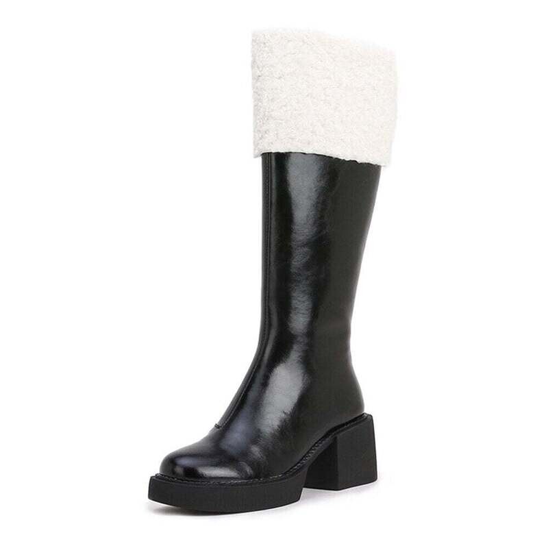 Woman‘s Knee High Boots Genuine Leather Concise zipper Square heel Round Toe Snow Boots Modern Boots