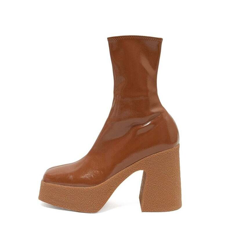 Woman‘s Ankle Boots Square Heel Winter Leather Boots Fashion Ladies Shoes High Stretch Heels Boots Platform Modern Boots