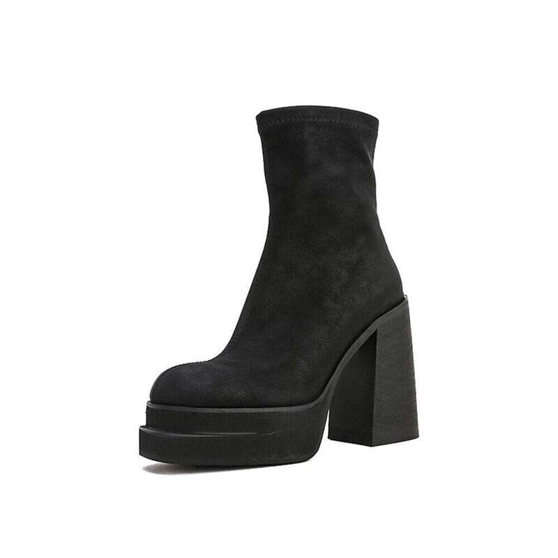 Woman‘s Modern Boots Super High Heel Black Leather Retro Stretch Boots 12CM Square Heel Martin Boots Platform ANKLE Boots