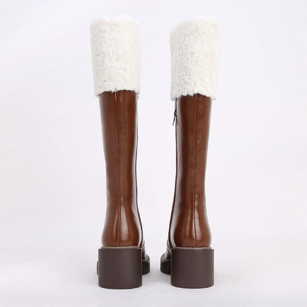 Woman‘s Knee High Boots Genuine Leather Concise zipper Square heel Round Toe Snow Boots Modern Boots